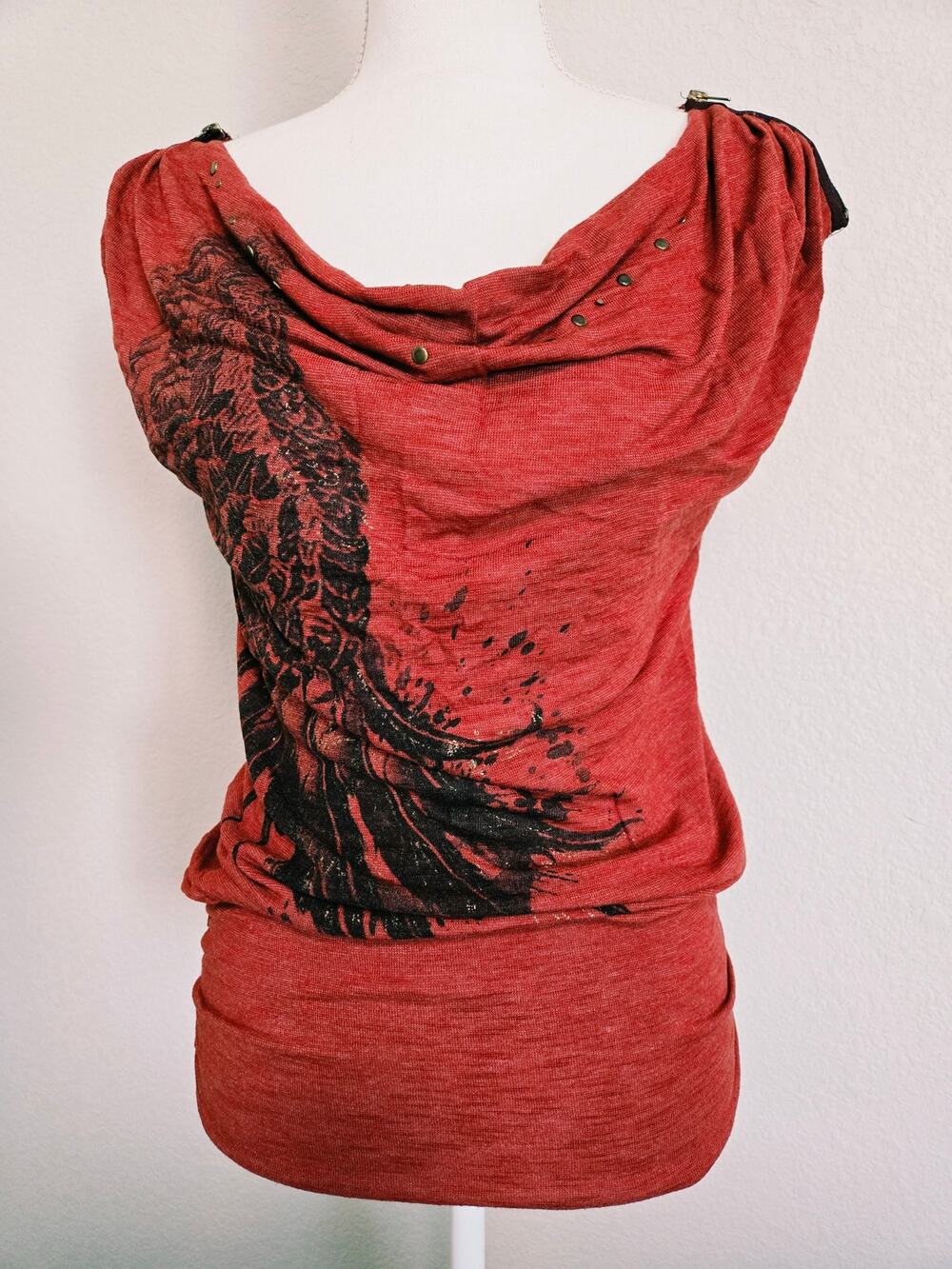 Twenty One Metallic Graphic Cowl Neck Studded Tunic Top Size Medium